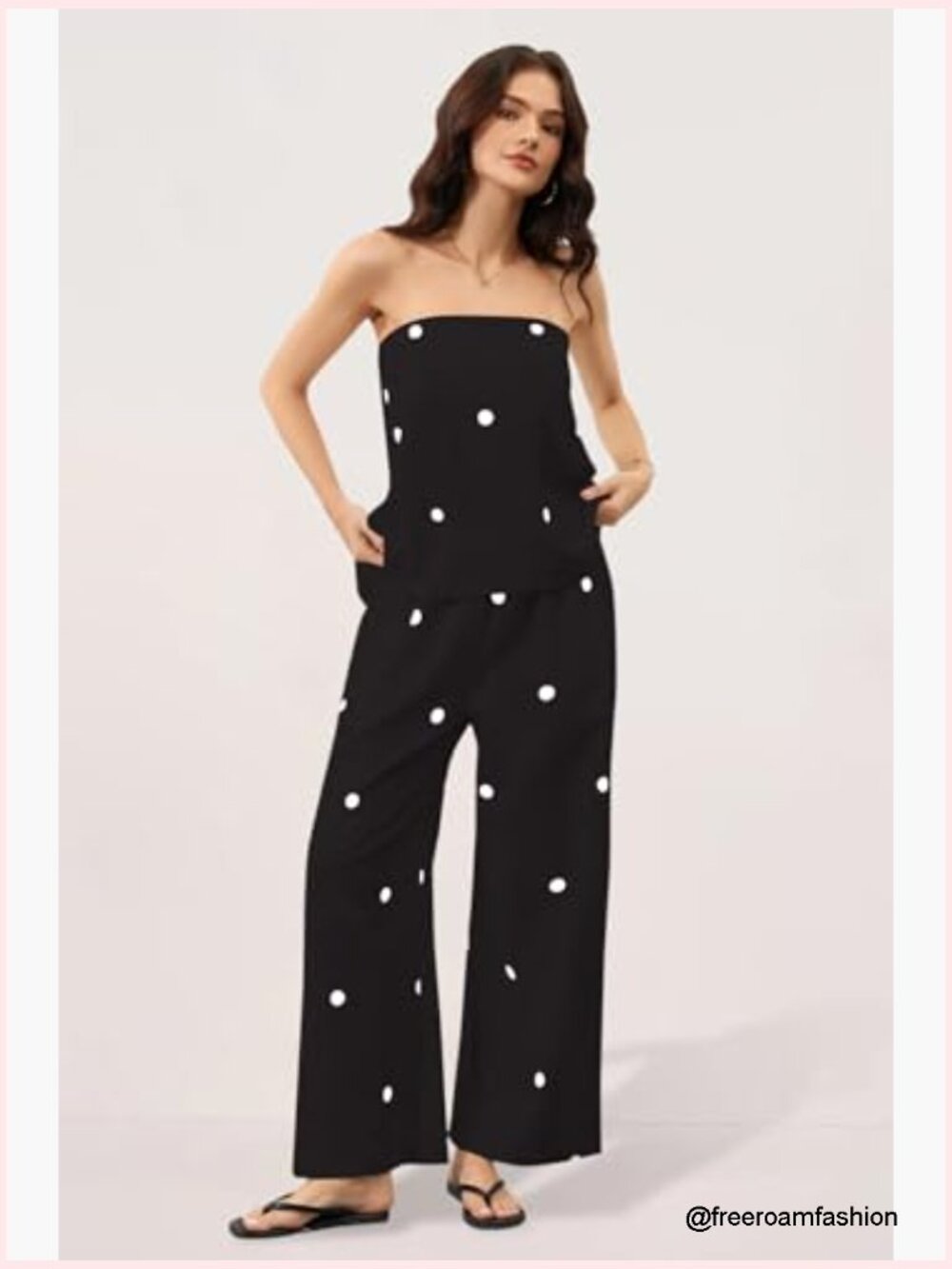 Polka Dot 2 Piece Outfit Strapless Tube Top Wide Leg Pants Summer Set - Picture 2 of 6